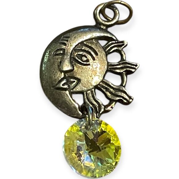 Sun Moon Face Pendant with Iridescent Crystal Drop | Celestial Boho Charm - Picture 4 of 7